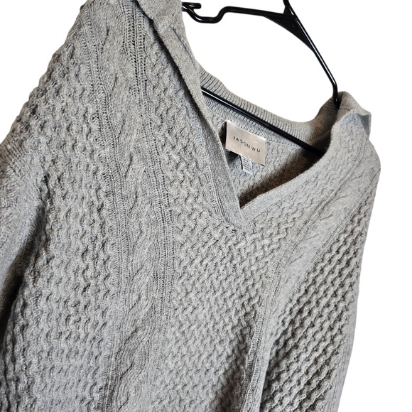 Jason Wu Wool Blend Collared V Neck Crop Sweater Gray Medium Chunky Cable Knit - Picture 2 of 7